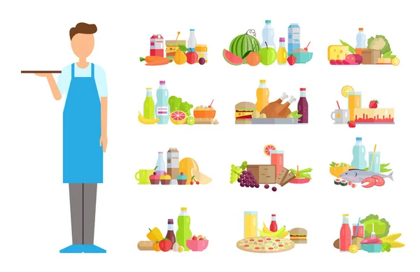 Serveur serveur avec options alimentaires du magasin — Image vectorielle