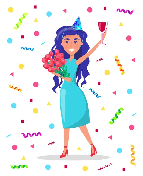 Cumpleaños niña celebración ramo de rosas y vidrio — Vector de stock