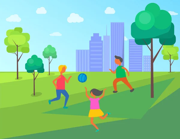 City Park, çocuklarla top oynayan çocuklar — Stok Vektör