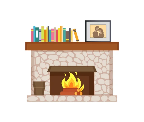 壁炉与书架和书籍 相框照片内部矢量 出版物和桶为骨灰 燃烧的日志 木材料 夫妇家庭的图片 — 图库矢量图片