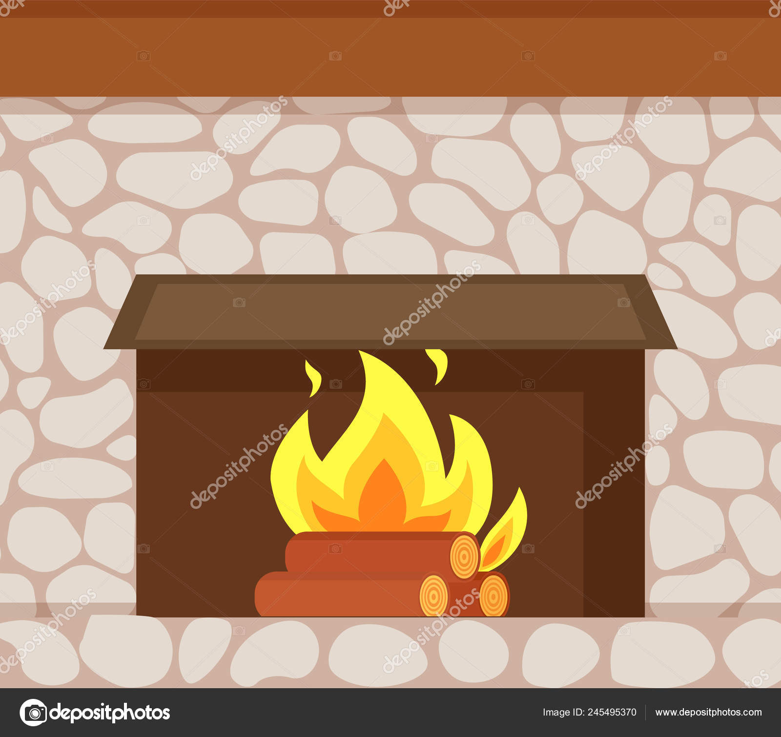 Burning Fire Wooden Logs Fireplace Made Of Stone Stock Vector
