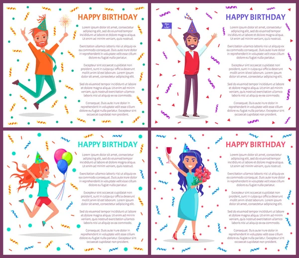 Happy Birthday mensen op partij vieren Poster — Stockvector