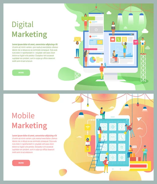Digital och mobil marknadsföring sidor, moderna enheter — Stock vektor