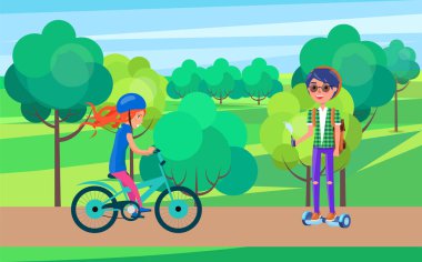 Öğrenciler gençler Bisiklet ve Hoverboard vektör