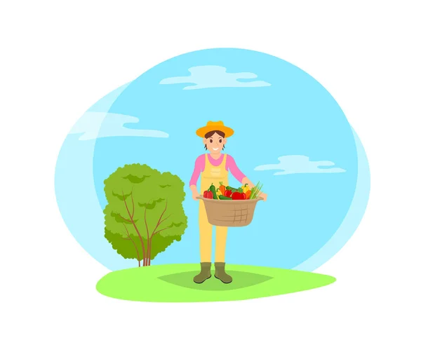 Αγρότης με καλάθι Veggies σε κήπο Cartoon — Διανυσματικό Αρχείο