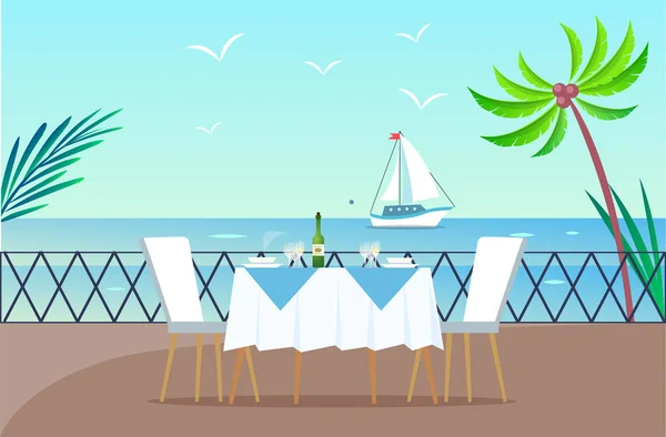 Restaurante no cais de madeira mesa servida e beira-mar —  Vetores de Stock