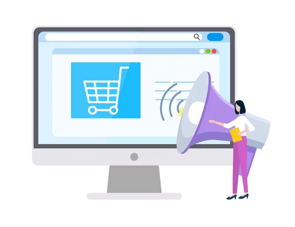 Online Shopping Und Marketing Strategien Website Vektor Einkaufswagen Und Lautsprecher — Stockvektor