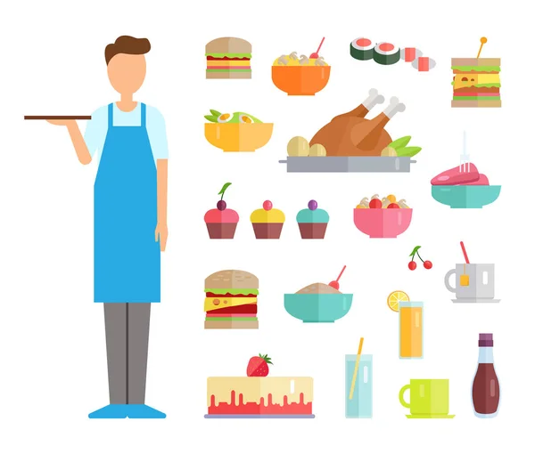 Waiter and Food Icons, Cakes and Meat Dishes Set — Stock Vector