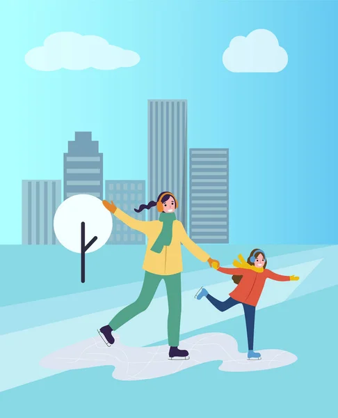 Patinage sur glace de mère et fille, passe-temps d'hiver — Image vectorielle