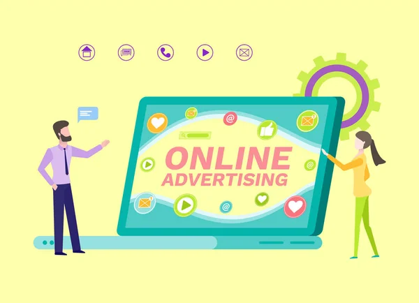 Online Advertisement, People with Laptop Scren — Stock Vector