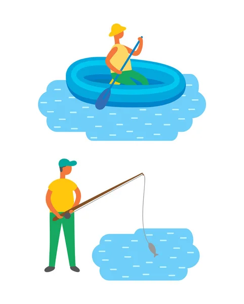 Αρσενικό αλιείας στη λίμνη, κολύμβηση στο ποτάμι με βάρκα — Διανυσματικό Αρχείο