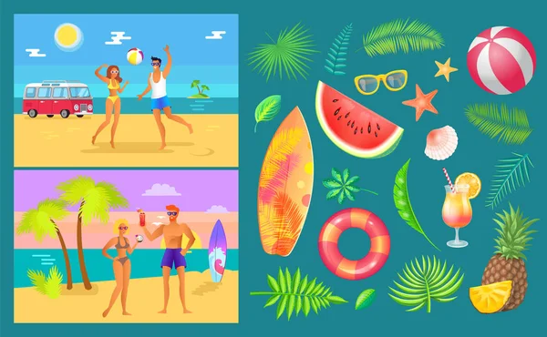 Summer Party by Beach Set Vector Illustration — Stock Vector
