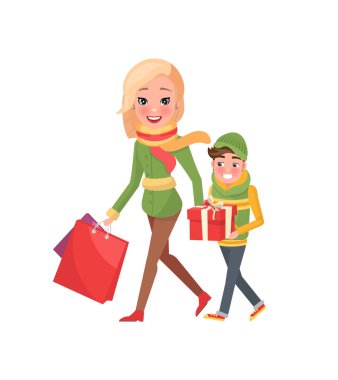 Anne ve çocuk sarılmış hediye kutuları ve paketleri ile