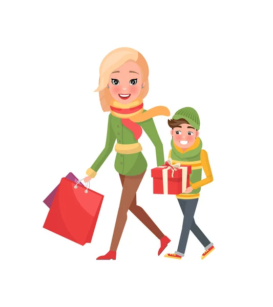 Мама и мальчик с упакованными подарочными коробками и пакетами — стоковый вектор