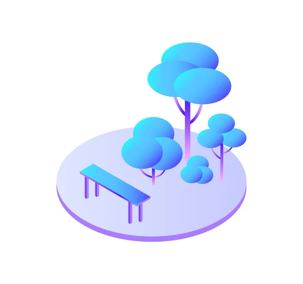 Lesní stromy s keři a lavici sedět ikony — Stockový vektor