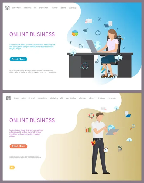 Online Business, People Using Laptops and Web — Stock Vector