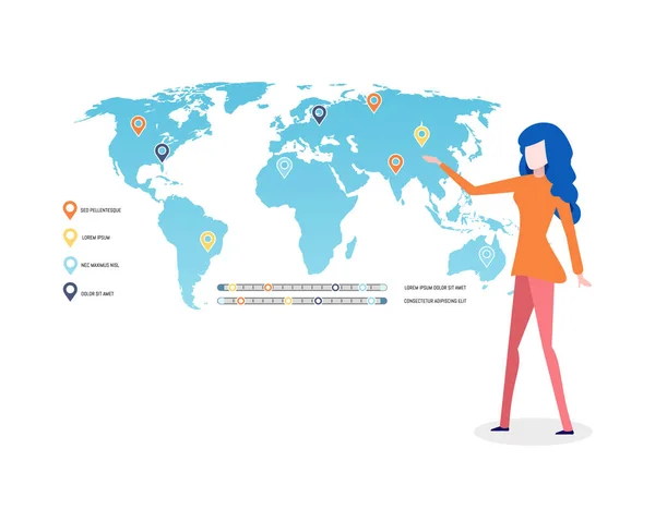 Weltkarte Infografik und Legende, Moderatorin Lady — Stockvektor