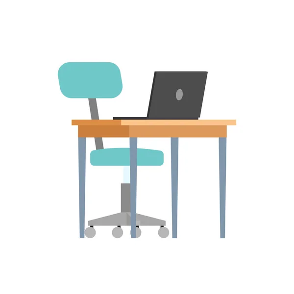 Stół, krzesła i komputera przenośnego na białym tle ikony — Wektor stockowy