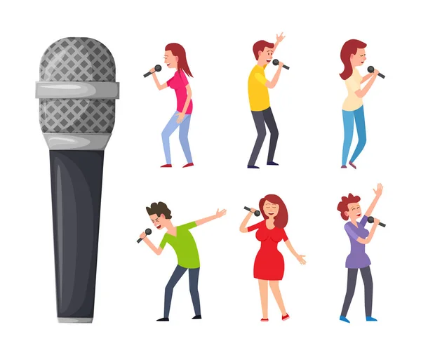 Співаки та мікрофон, чоловіки та жінки співають — стоковий вектор