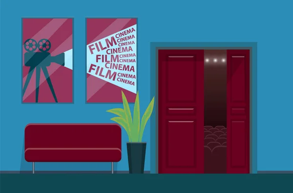 Cine, Interior del Cine con Sofá para Esperar — Vector de stock