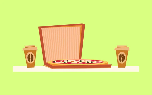 Entrega de Pizza, Comida Italiana en Caja, Bebida de Café — Vector de stock