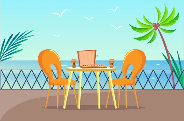 Table de pizzeria tropicale au balcon avec vue sur la mer — Image vectorielle