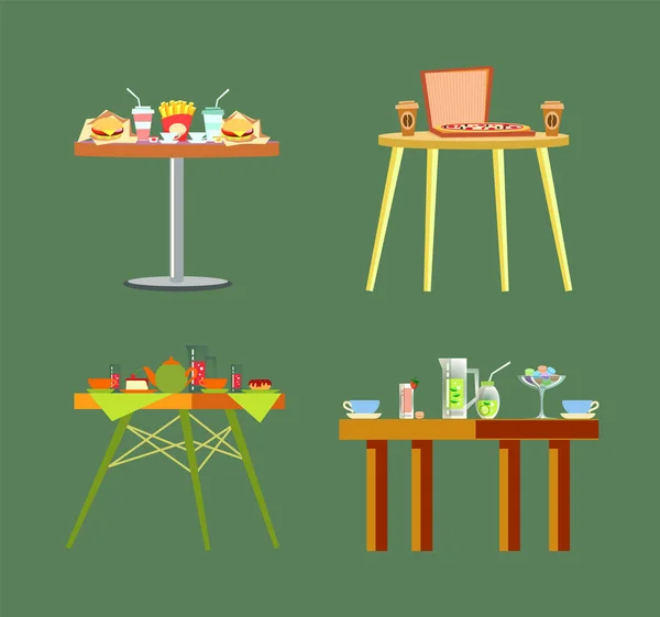 Таблиці ресторанів, кафе з набором дизайну їжі — стоковий вектор