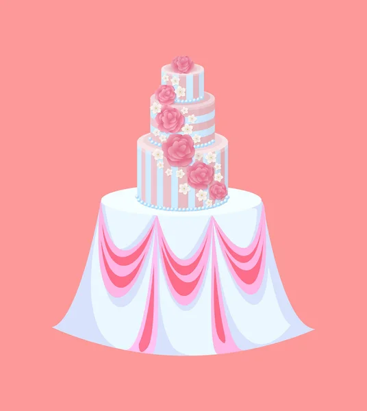 Gâteau de mariage sur la table avec nappe, traiteur — Image vectorielle