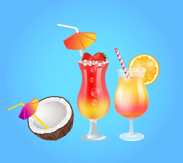 Cocktail in glas en kokosnoot met aardbei en ijs — Stockvector
