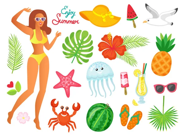 Disfruta de Summer Woman y Summertime Elements Set — Vector de stock