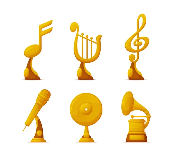 Prêmios de música ou taças de troféu de ouro na indústria da arte — Vetor de Stock