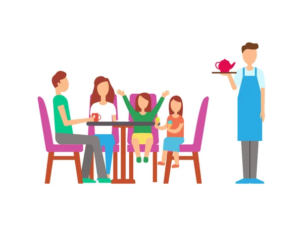 Manger et boire en famille au serviteur du restaurant — Image vectorielle