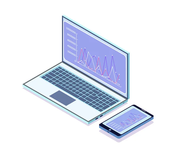 Laptop med grafik och diagram, Smartphone — Stock vektor