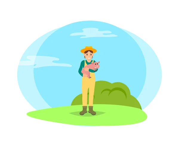 Farmer Woman and Pig in Hands Vector Illustration — Stock Vector