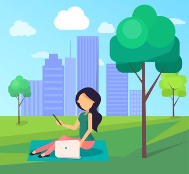 Dizüstü bilgisayarlı Taze Hava Vektörü Bayrağı Kadın üzerinde çalış