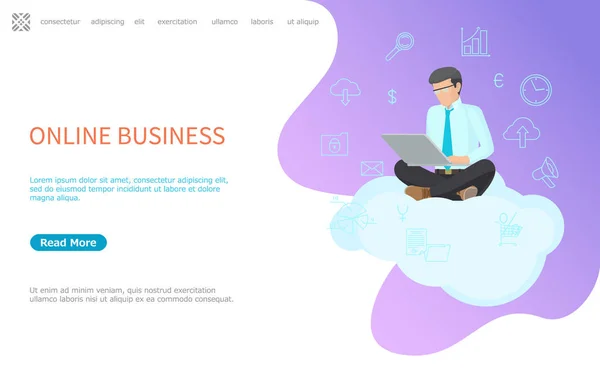 온라인 비즈니스 웹 포스터, 구름에 앉아 남자 — 스톡 벡터