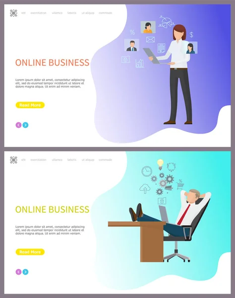 Online Business, a nő dolgozik Laptop Web beállítása — Stock Vector