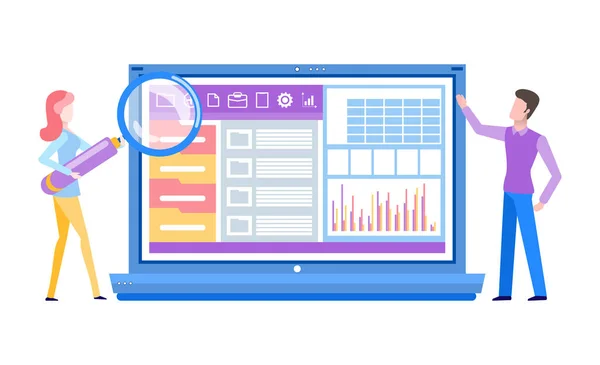 Ordinateur portable avec statistiques et informations Données en ligne — Image vectorielle