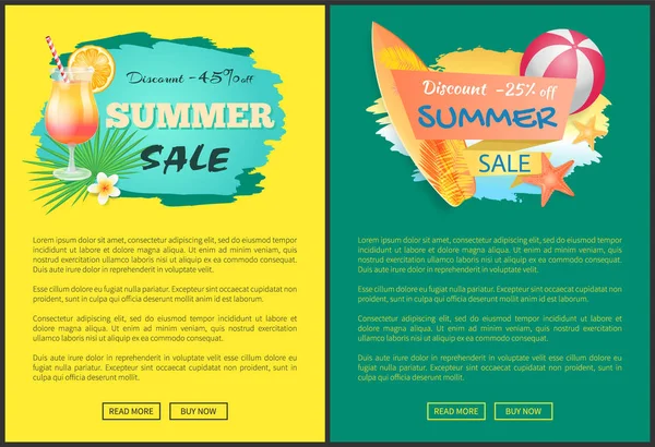 夏季销售网络海报鸡尾酒和冲浪板 — 图库矢量图片