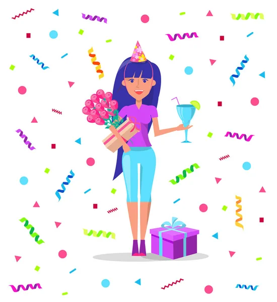 Mujer con Regalos y Flores Bebidas Cóctel — Vector de stock