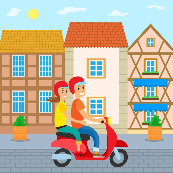 Viajar personas, Pareja en Scooter en el casco antiguo — Vector de stock