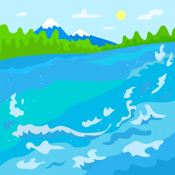 Escena natural, Lago con salpicaduras de agua Montañas — Vector de stock