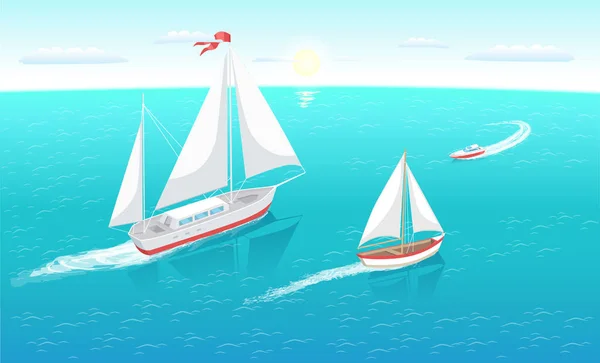 Парусные лодки с белым холстом, плавающие в глубоководье — стоковый вектор