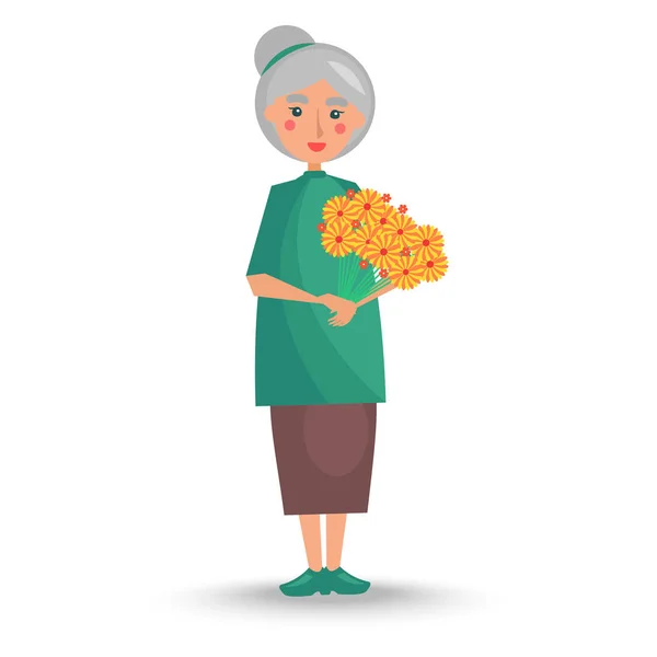 늙은 여자 보유 노란색 꽃의 큰 꽃다발 — 스톡 벡터