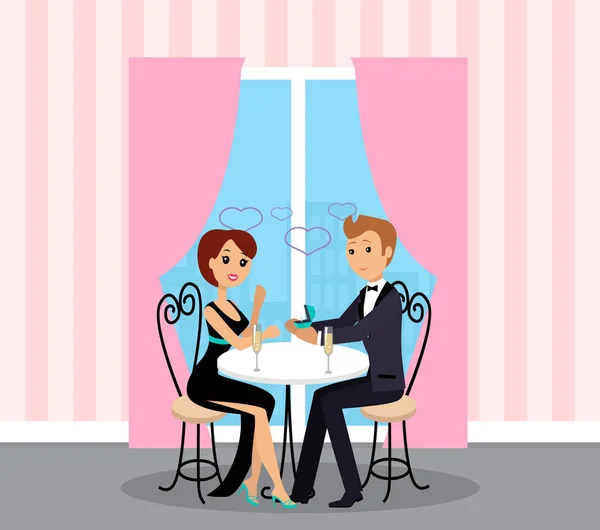 Homem e mulher na data no restaurante, Proposta — Vetor de Stock
