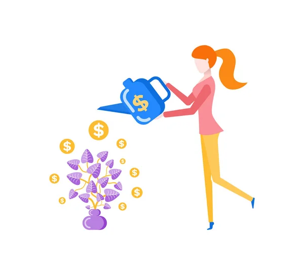 Mulher molhando árvore de dinheiro recipiente de lata de plástico — Vetor de Stock