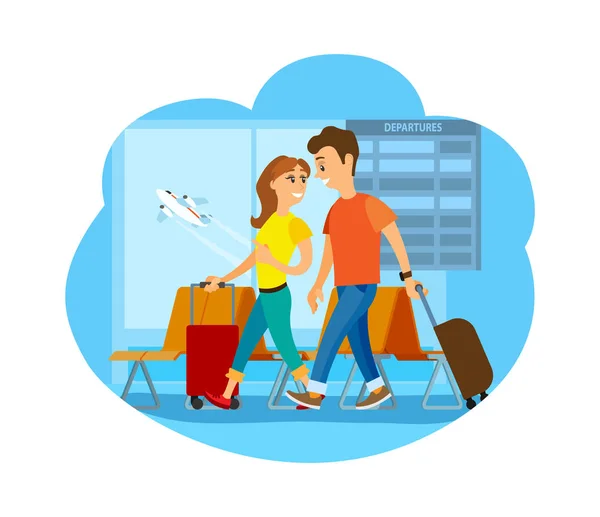 Travelers Couple with Suitcases in City Airport — Stock Vector