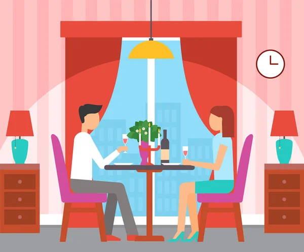 Pessoas jantando no café com interior vermelho —  Vetores de Stock