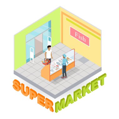 Süpermarket balık bölümü izometrik vektör