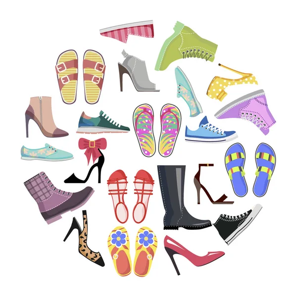 Coleção de sapatos em banner de quadro redondo isolado —  Vetores de Stock